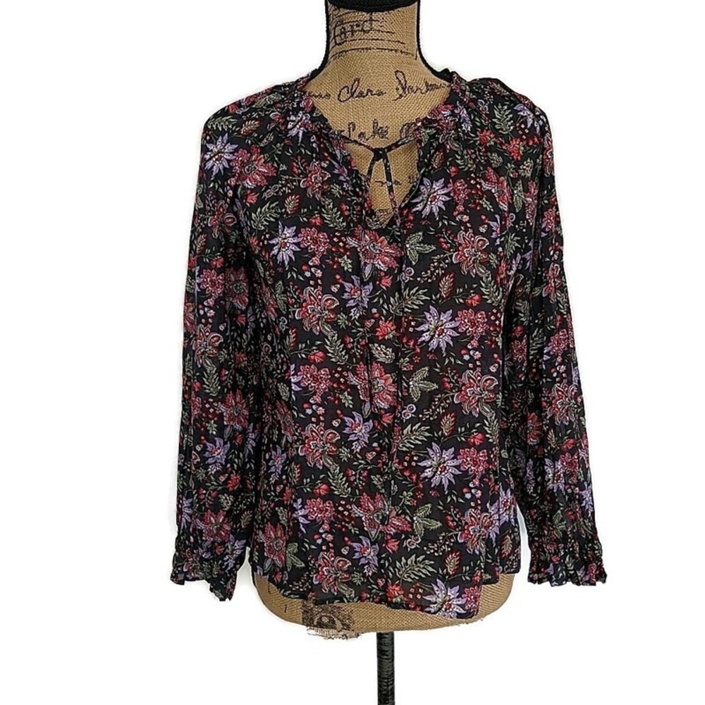 Loft Womens sz XXS Top Purple Floral Long Sleeve Tie V Neck